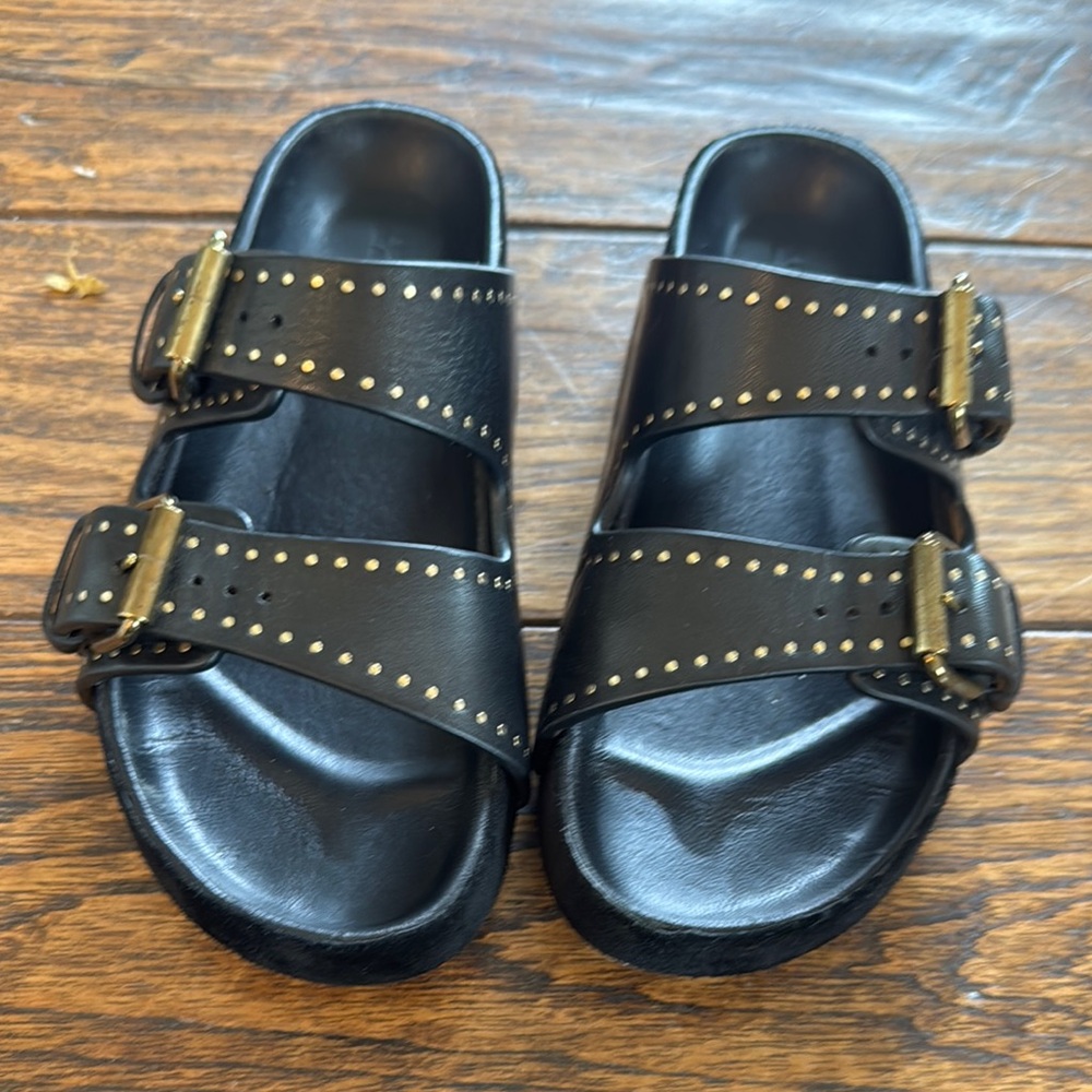 Isabel Marant Black Leather Studded Double-Buckle Slide Sandals